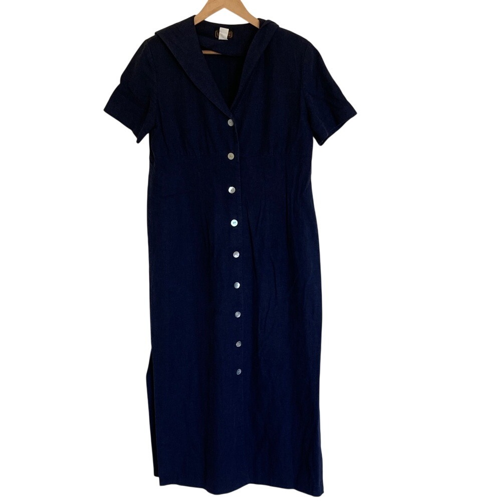 VTG Virgo II Womens Navy Button Up Linen Blend‎ Midi Dress Size 12 Cottagecore